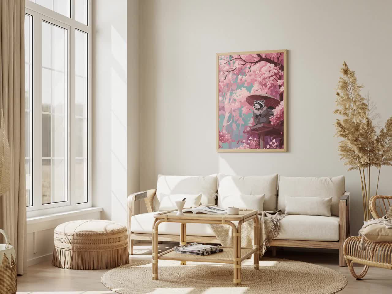 Whimsical Tanuki Cherry Blossom Travel Poster Print Adorable